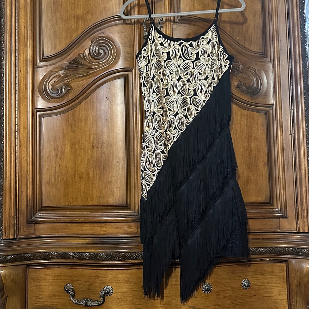 Gatsby’s 20’s SequinTiered Tassel Flapper BlackGold Fringe Dress